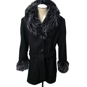 Jonathan Michael Black Wool Blend Belted Coat oversized Pile Fur Made in USA 10